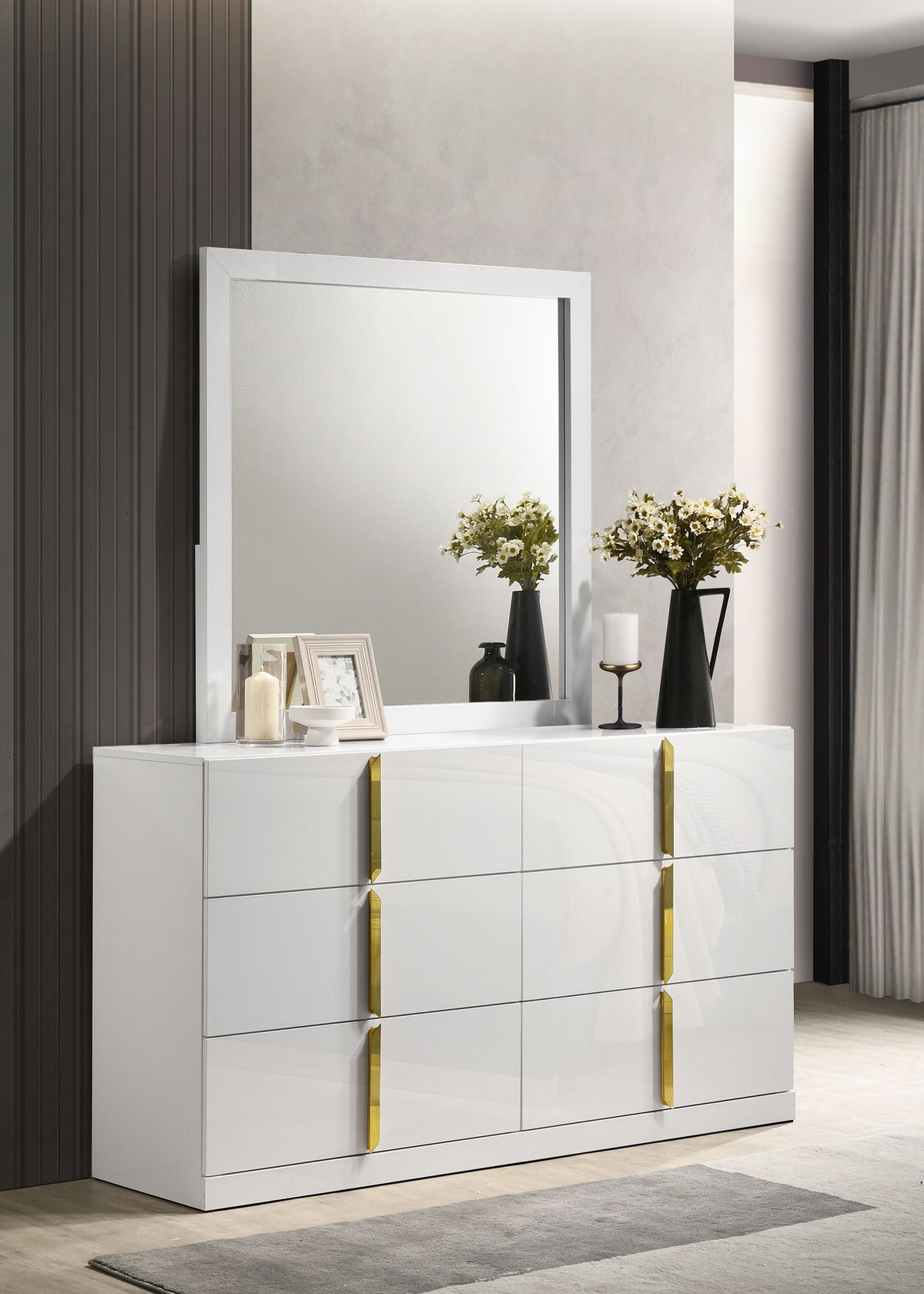 Ines 6-drawer Dresser with Mirror White High Gloss