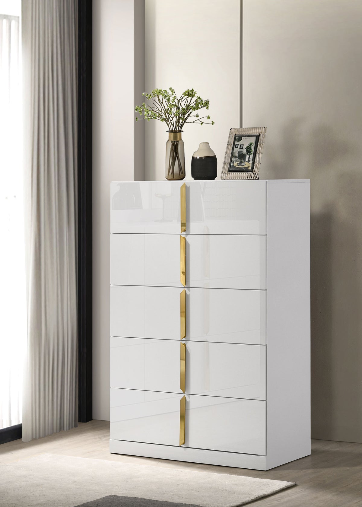 Ines 5-drawer Bedroom Chest White High Gloss