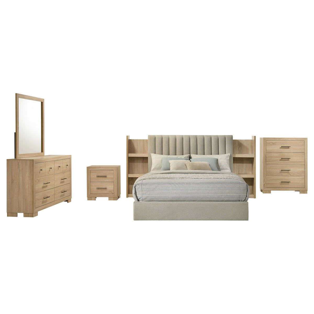 Arielle 5-piece Eastern King Bedroom Set with Bookcase Storage Bed Light Oak