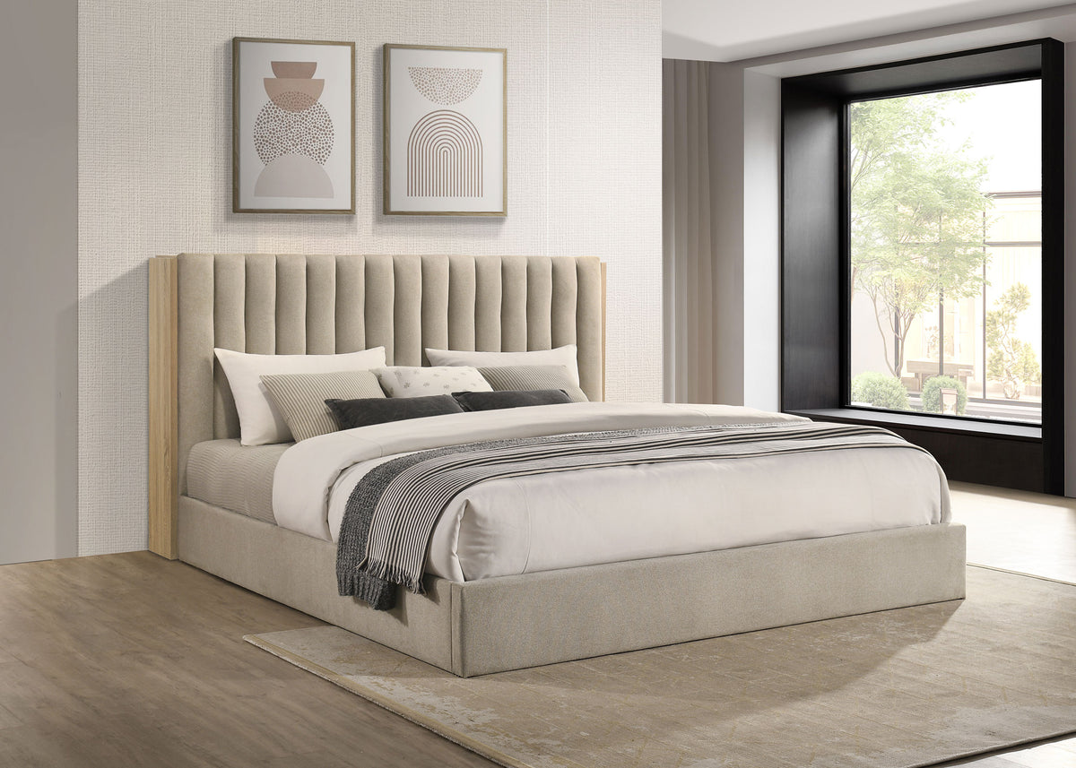 Arielle Upholstered Bookcase Storage Bed Eastern King Light Oak and Light Tan