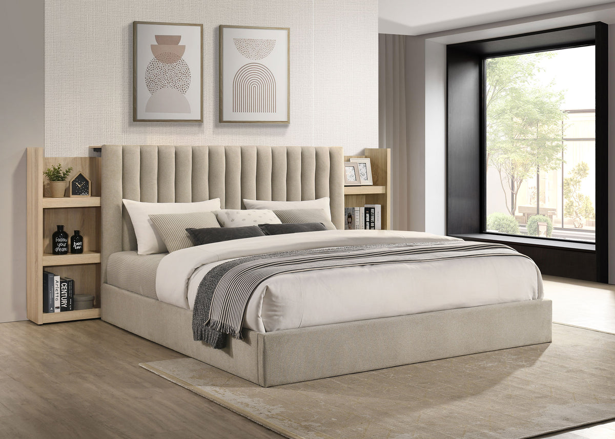 Arielle Upholstered Bookcase Storage Bed Eastern King Light Oak and Light Tan