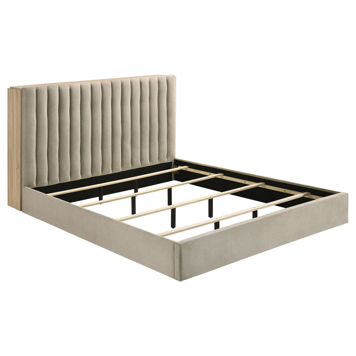 Arielle Upholstered Bookcase Storage Bed Eastern King Light Oak and Light Tan