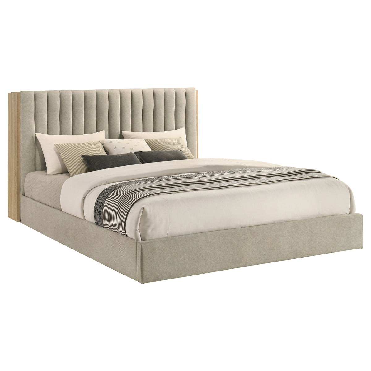 Arielle Upholstered Bookcase Storage Bed Eastern King Light Oak and Light Tan