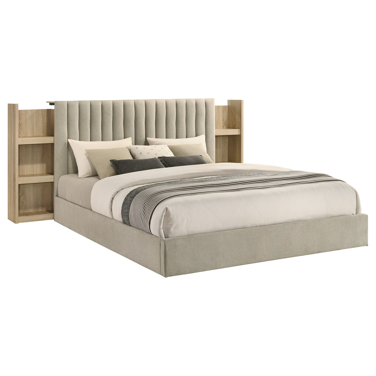 Arielle Upholstered Bookcase Storage Bed Eastern King Light Oak and Light Tan