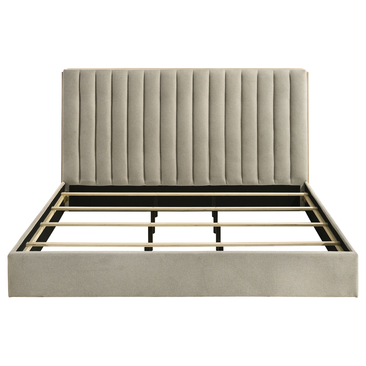 Arielle Upholstered Bookcase Storage Bed Eastern King Light Oak and Light Tan