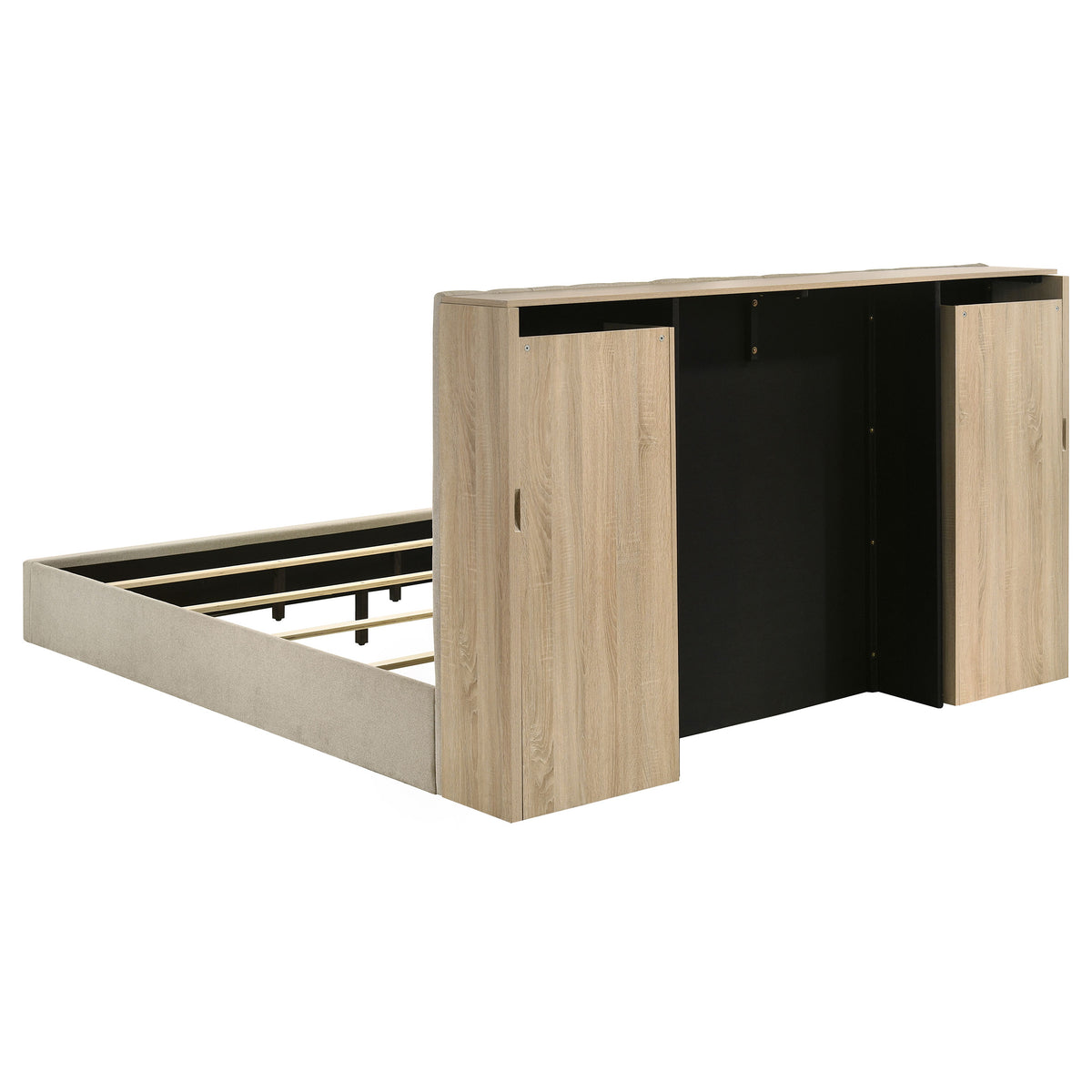 Arielle Upholstered Bookcase Storage Bed Eastern King Light Oak and Light Tan