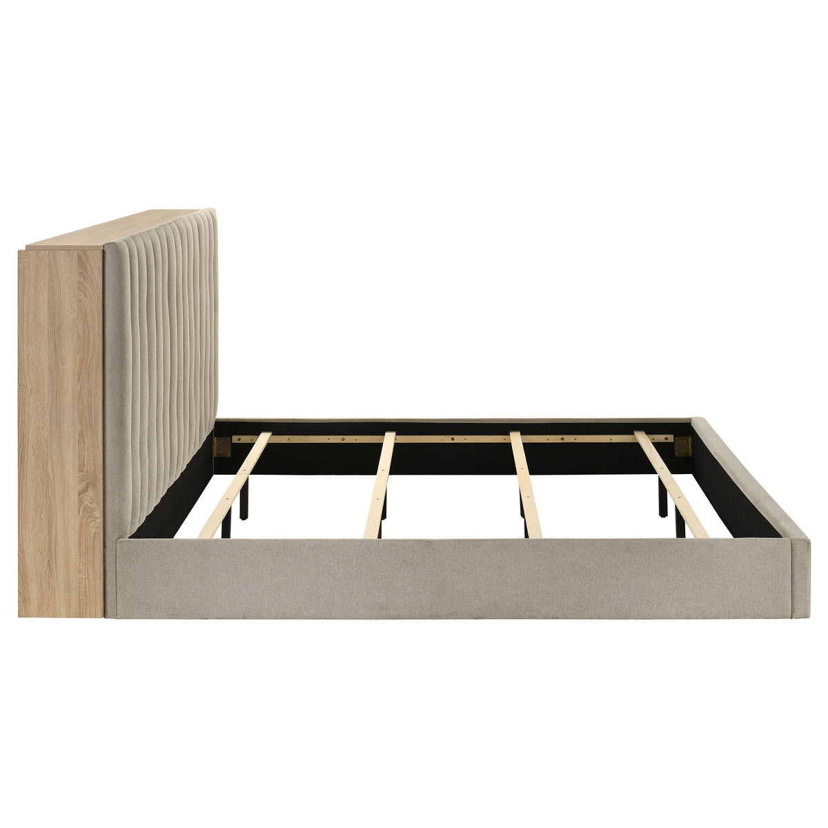 Arielle Upholstered Bookcase Storage Bed Eastern King Light Oak and Light Tan