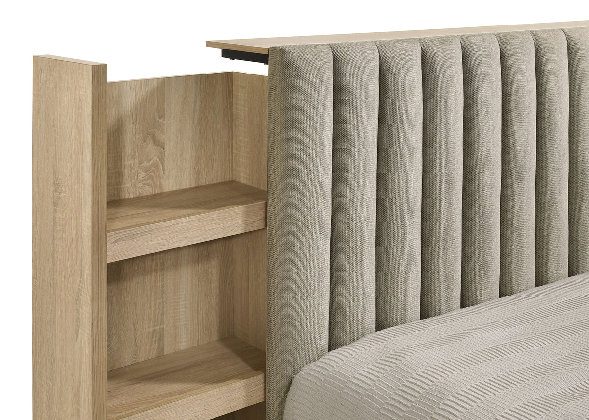 Arielle Upholstered Bookcase Storage Bed Eastern King Light Oak and Light Tan
