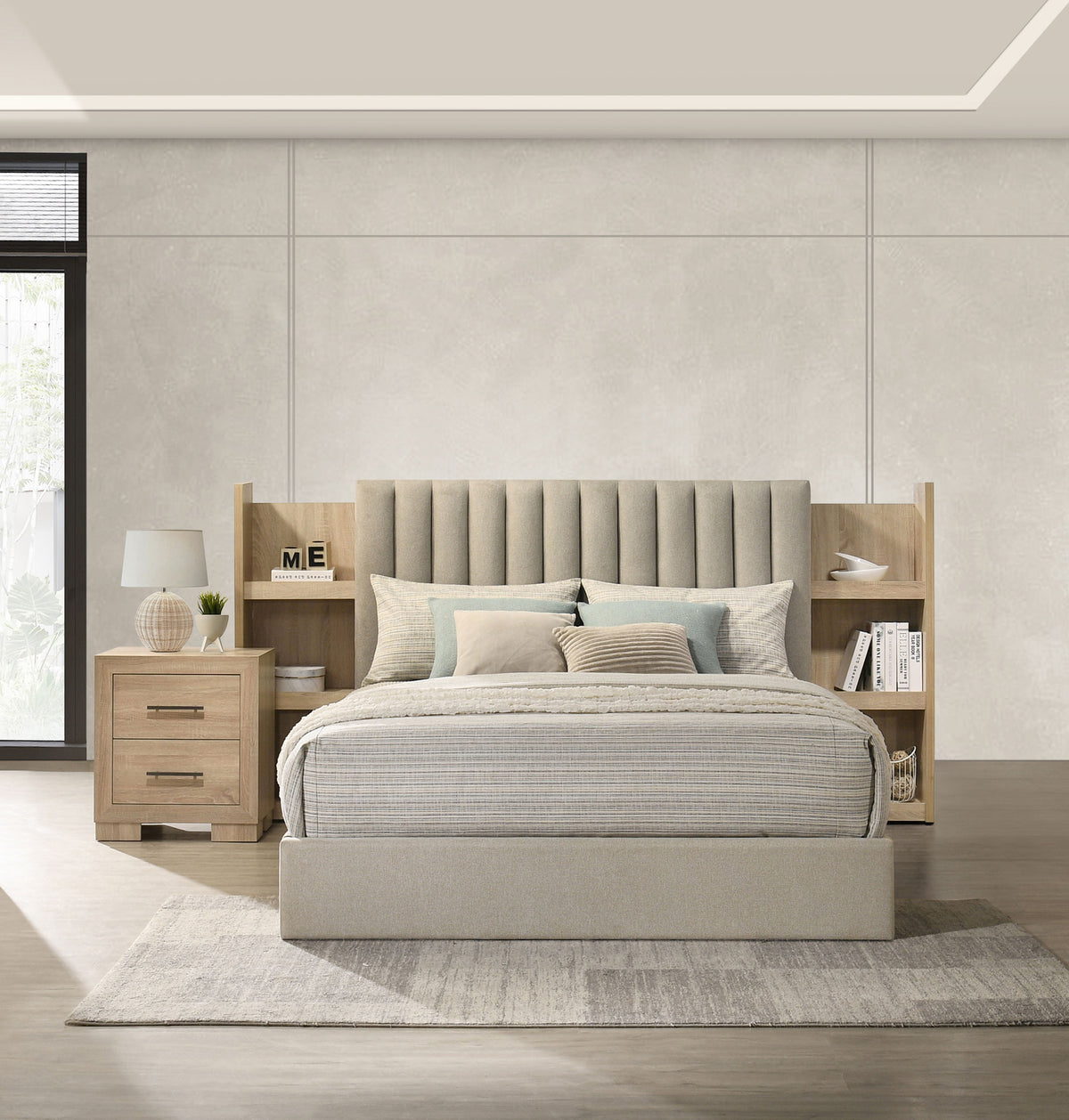 Arielle Upholstered Bookcase Storage Bed Eastern King Light Oak and Light Tan