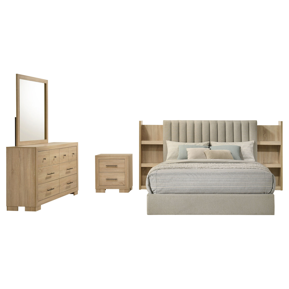 Arielle 4-piece Queen Bedroom Set with Bookcase Storage Bed Light Oak