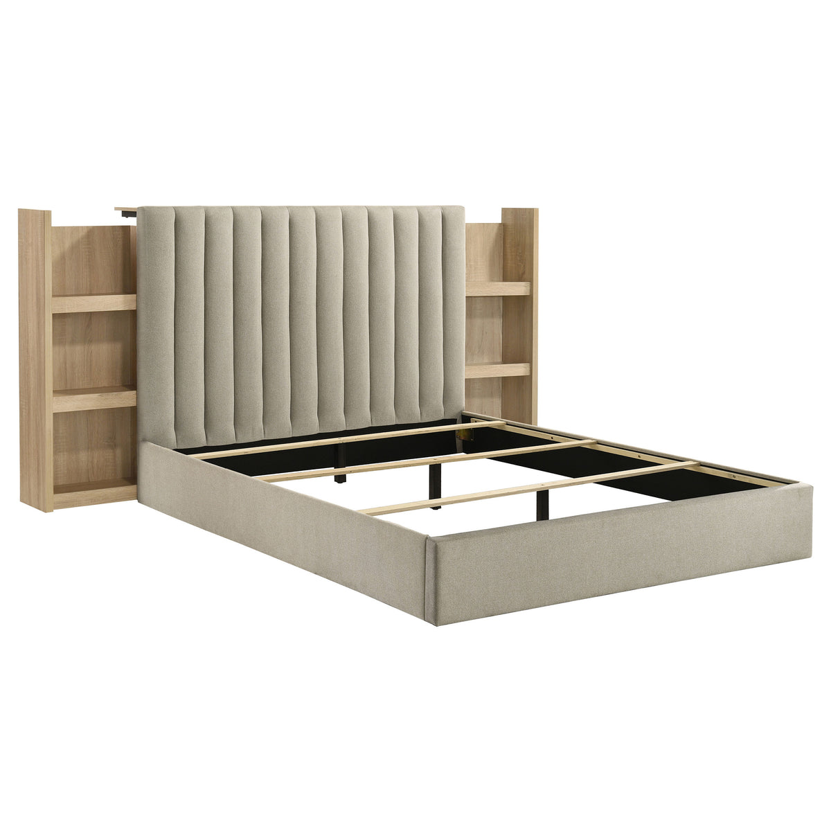 Arielle Upholstered Bookcase Storage Bed Queen Light Oak and Light Tan