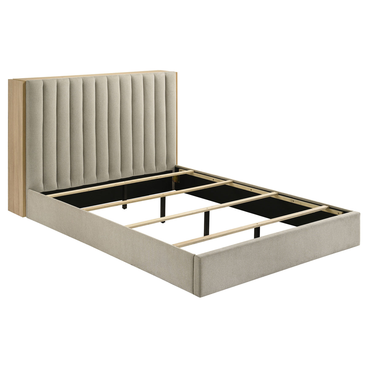 Arielle Upholstered Bookcase Storage Bed Queen Light Oak and Light Tan