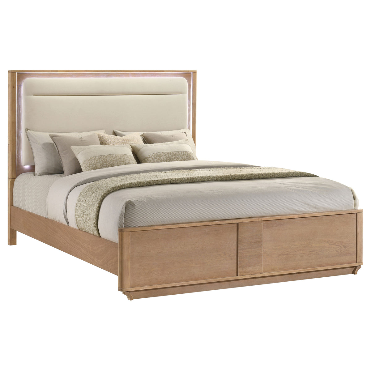 Leanne LED Upholstered Panel Bed Eastern King Light Oak and Off White