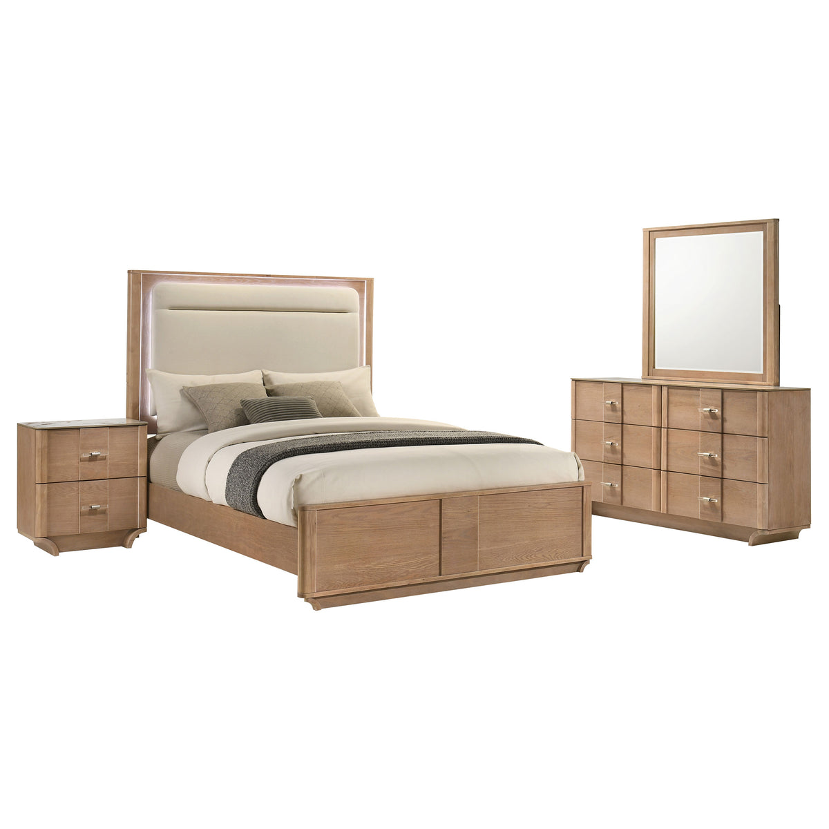 Leanne 4-piece Queen Bedroom Set with LED Panel Bed Light Oak