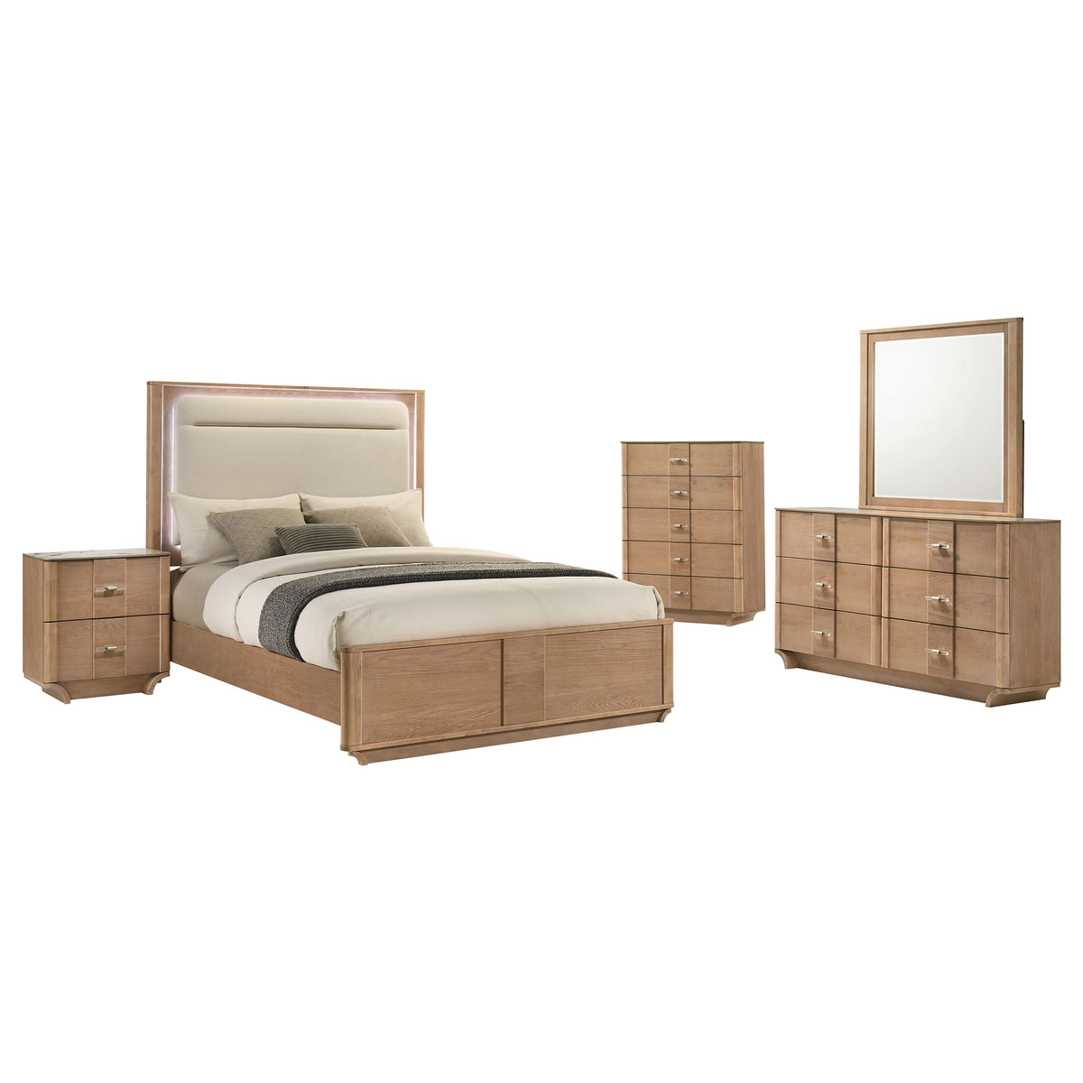 Leanne 5-piece Queen Bedroom Set with LED Panel Bed Light Oak