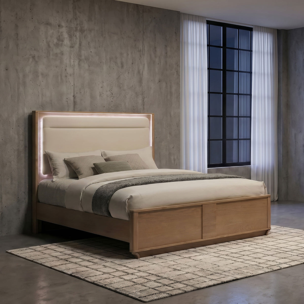 Leanne LED Upholstered Panel Bed Queen Light Oak and Off White
