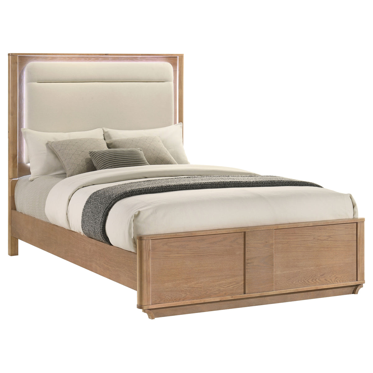 Leanne LED Upholstered Panel Bed Queen Light Oak and Off White