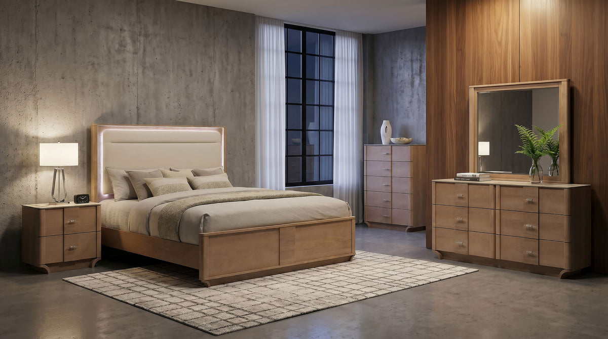Leanne LED Upholstered Panel Bed Queen Light Oak and Off White