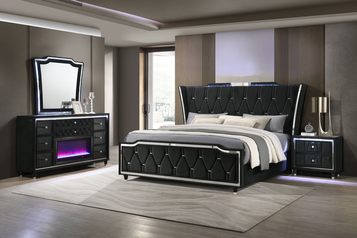 Lorient 4-piece Queen LED Bedroom Set with Flame Box Dresser Black