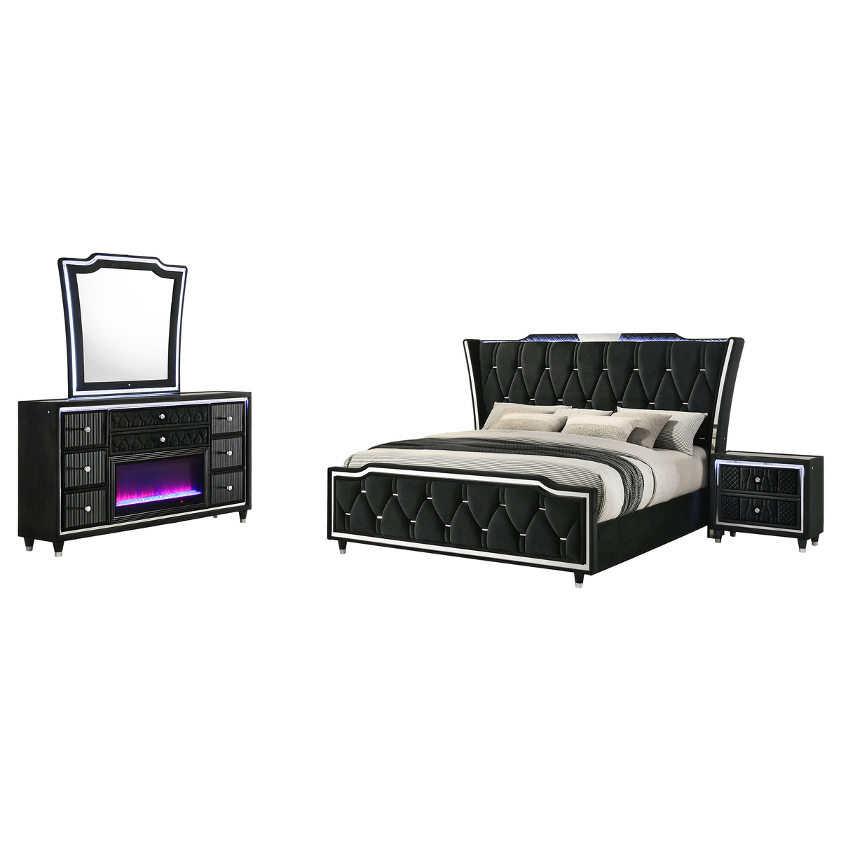 Lorient 4-piece Queen LED Bedroom Set with Flame Box Dresser Black