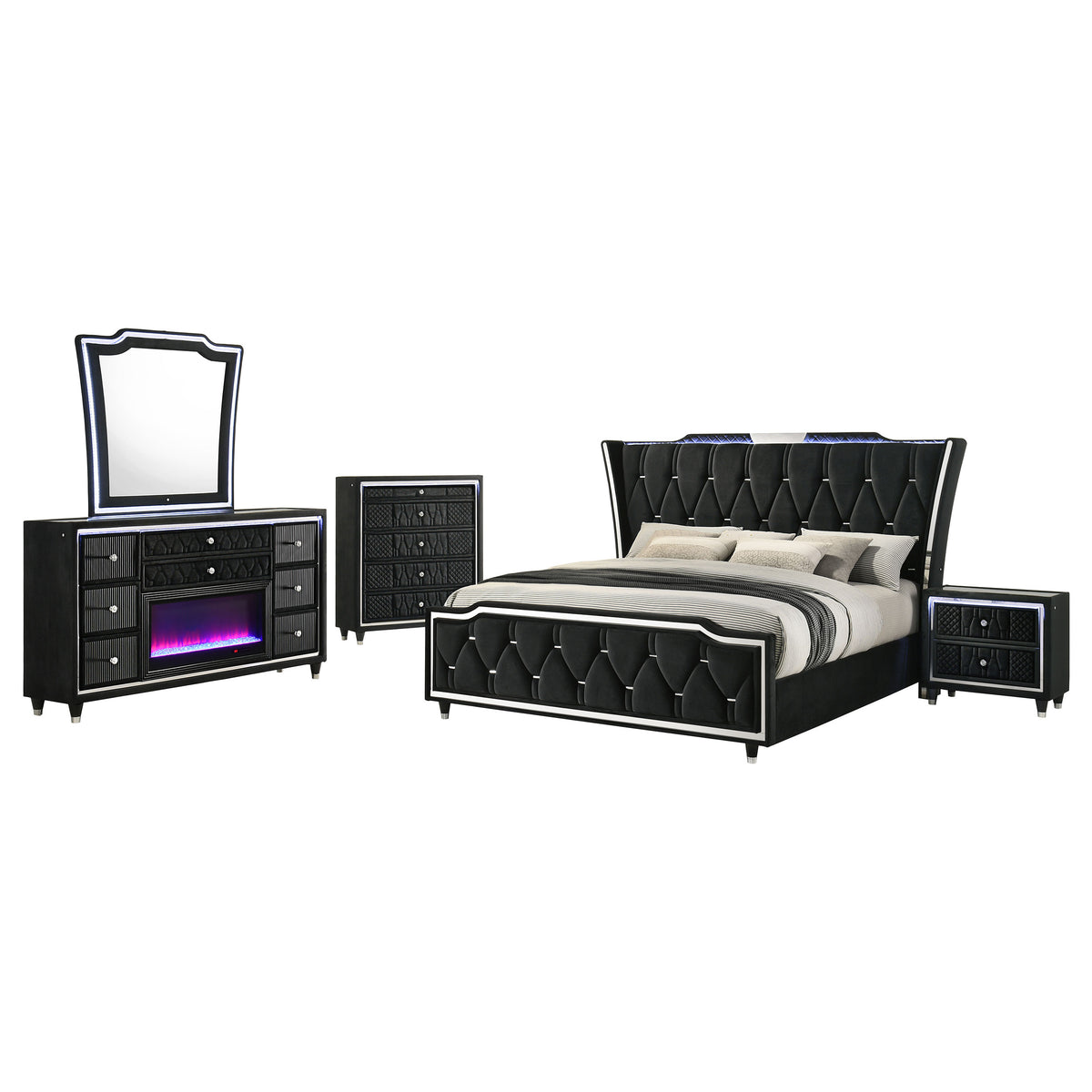 Lorient 5-piece Queen LED Bedroom Set with Flame Box Dresser Black