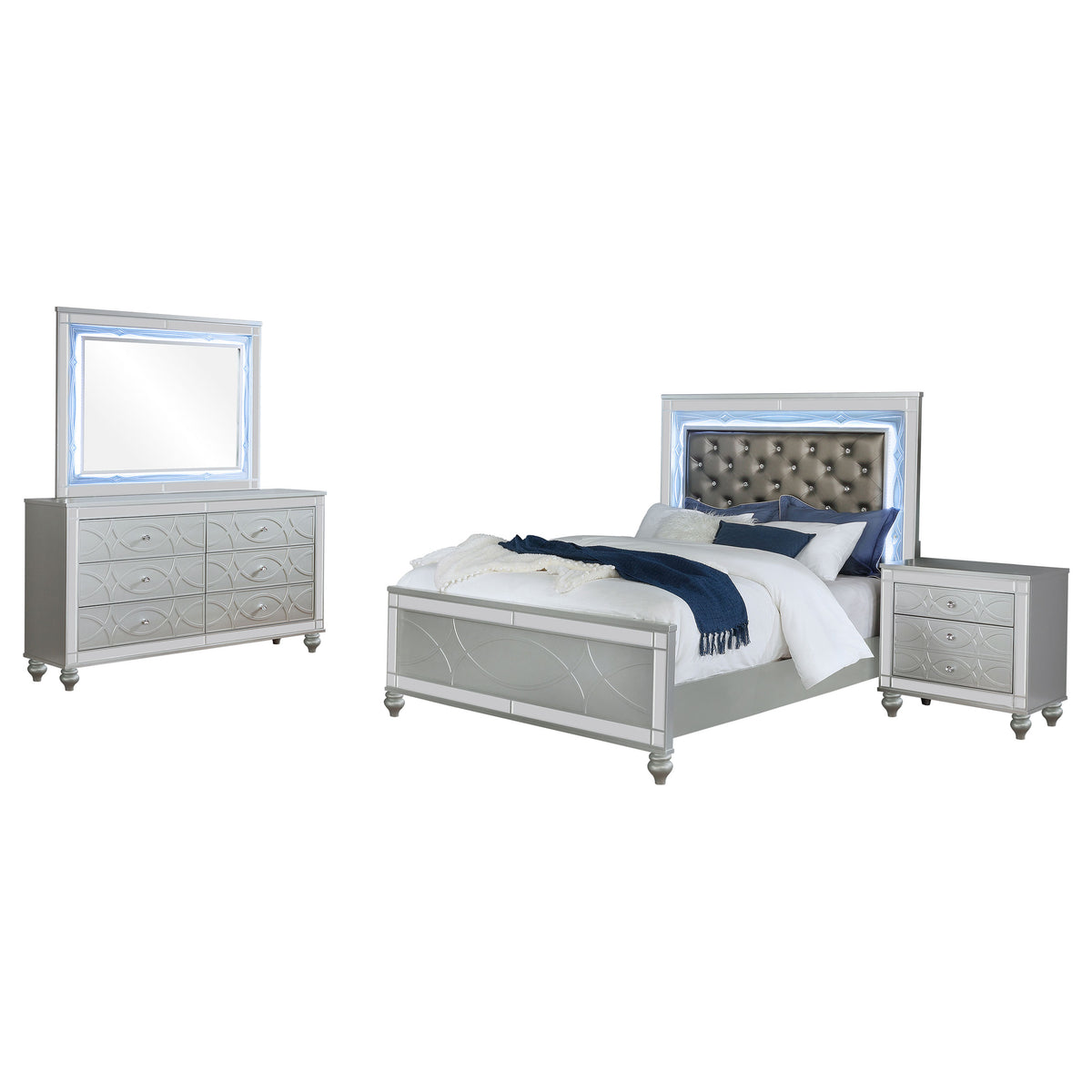 Gunnison 4-piece Eastern King Bedroom Set with LED Tufted Panel Bed Silver Metallic