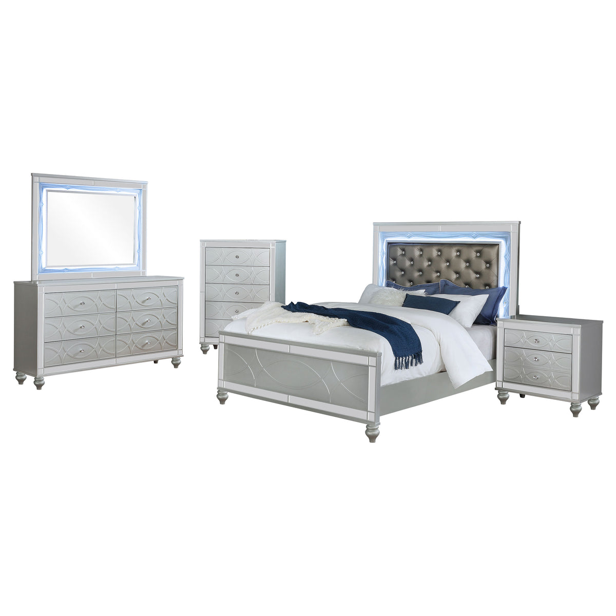 Gunnison 5-piece Eastern King Bedroom Set with LED Tufted Panel Bed Silver Metallic