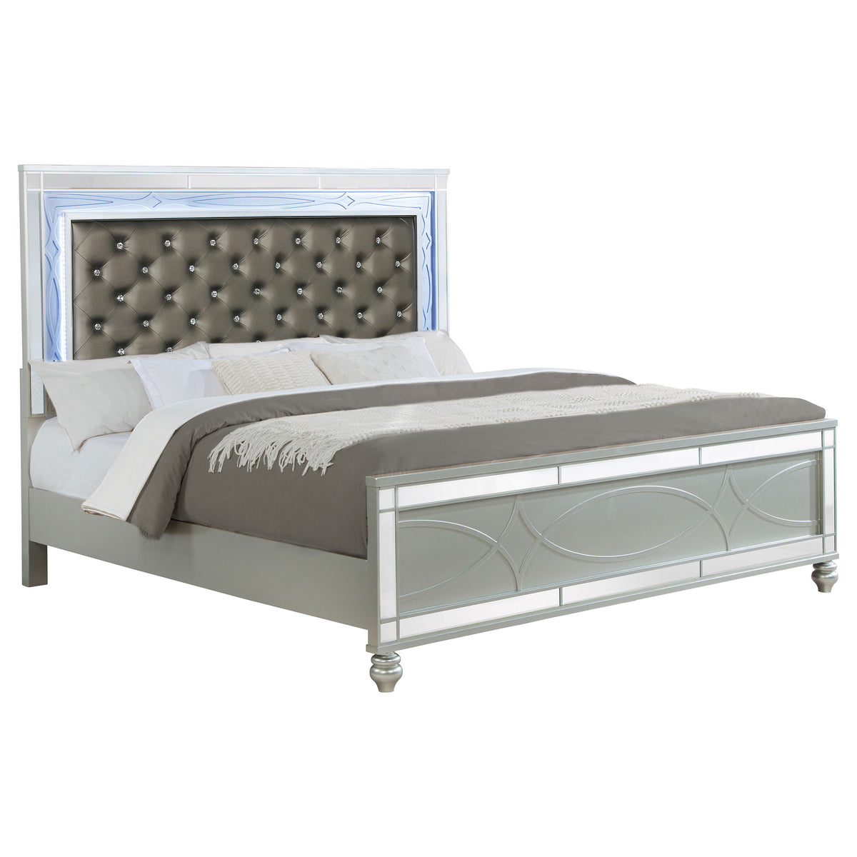 Gunnison LED Tufted Upholstered Panel Bed Eastern King Silver Metallic