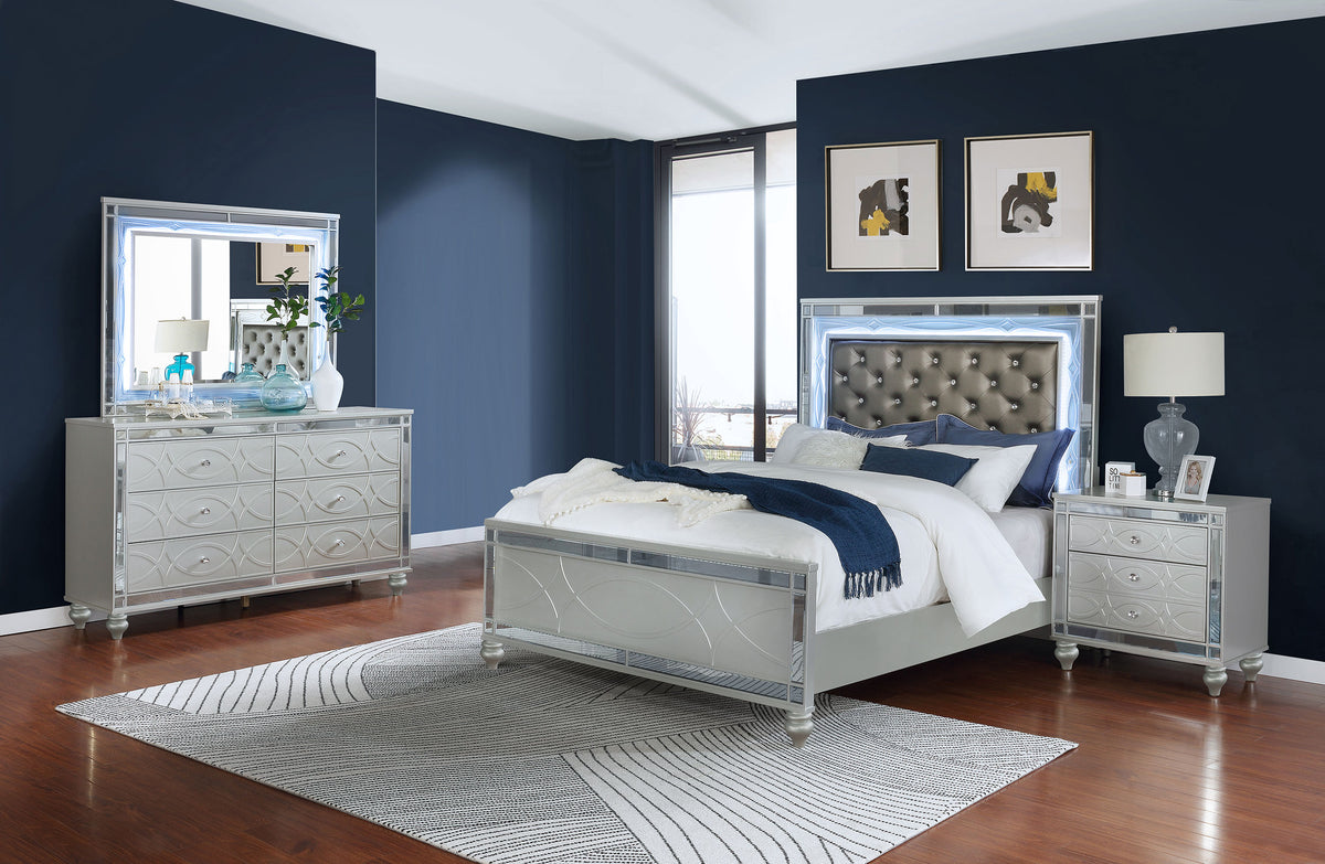Gunnison 4-piece Queen Bedroom Set with LED Tufted Panel Bed Silver Metallic