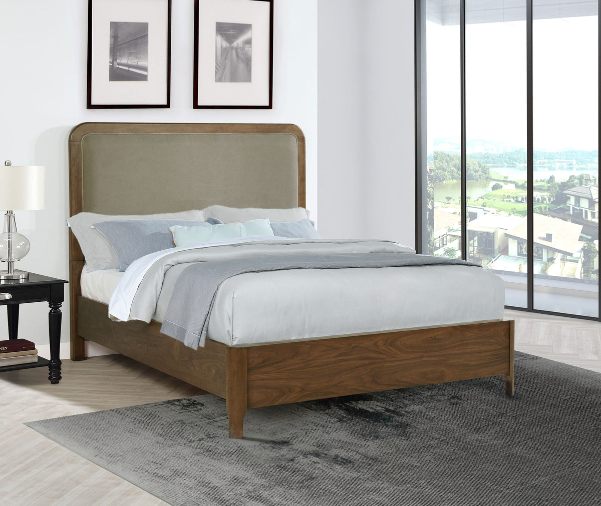 Maderia Upholstered Panel Bed Queen Walnut and Grey