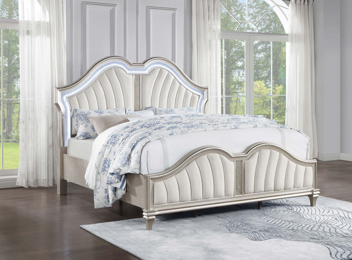 Evangeline Upholstered LED Panel Bed Eastern King Silver Oak and Ivory