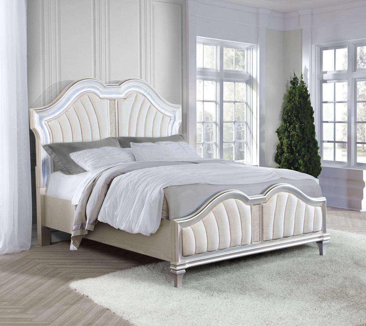 Evangeline Upholstered LED Panel Bed Queen Silver Oak and Ivory
