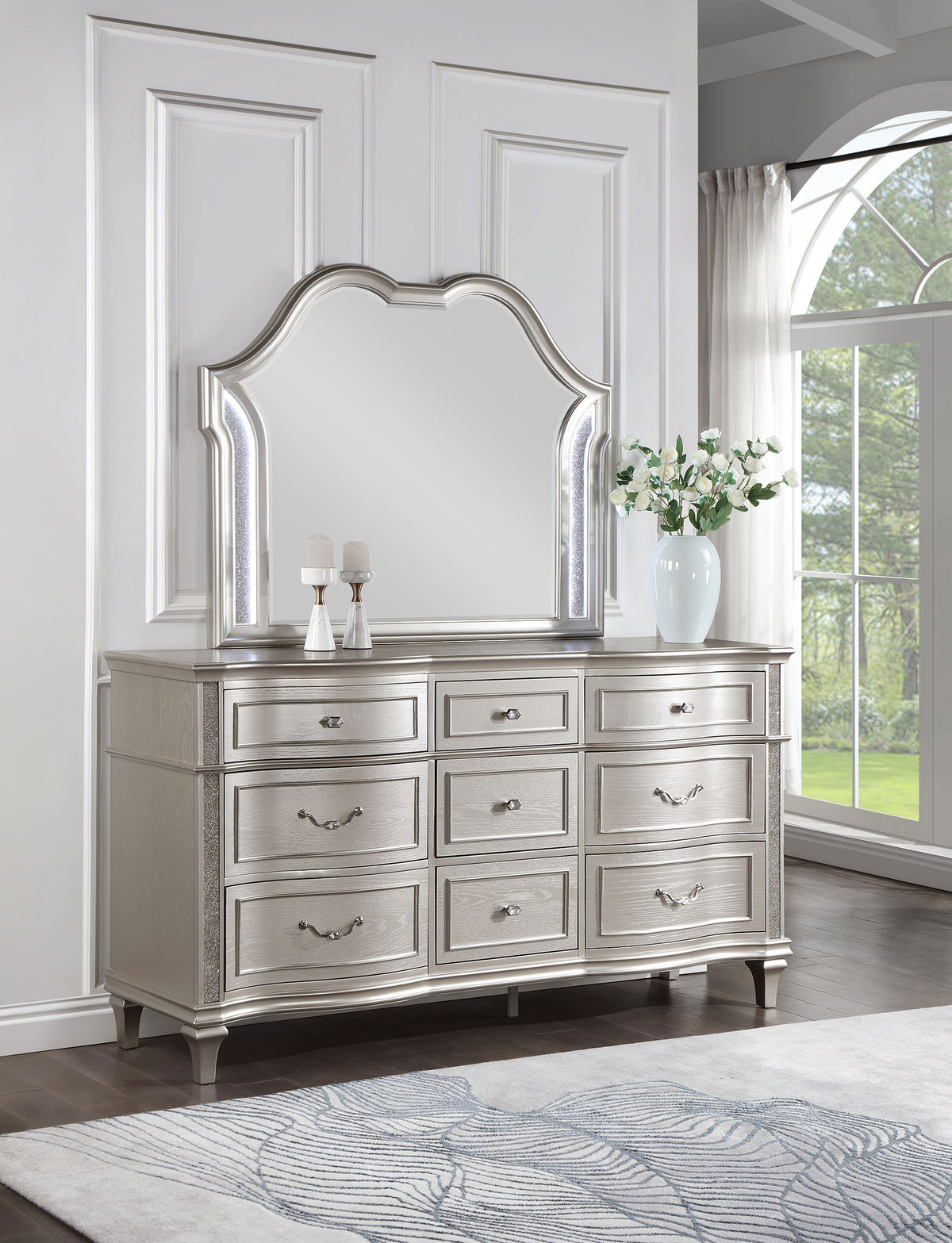 Evangeline 9-drawer Dresser with LED Mirror Silver Oak