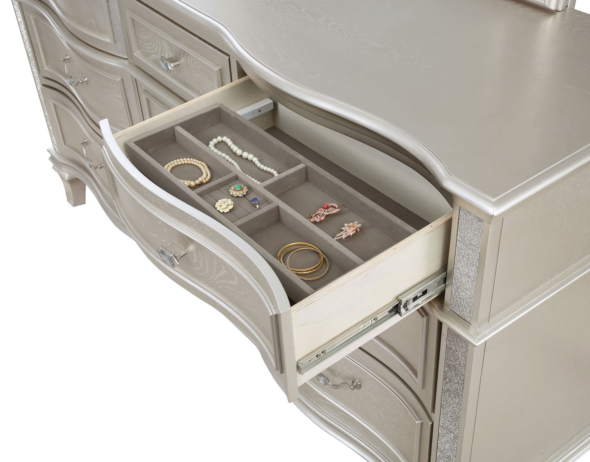 Evangeline 9-drawer Dresser with LED Mirror Silver Oak