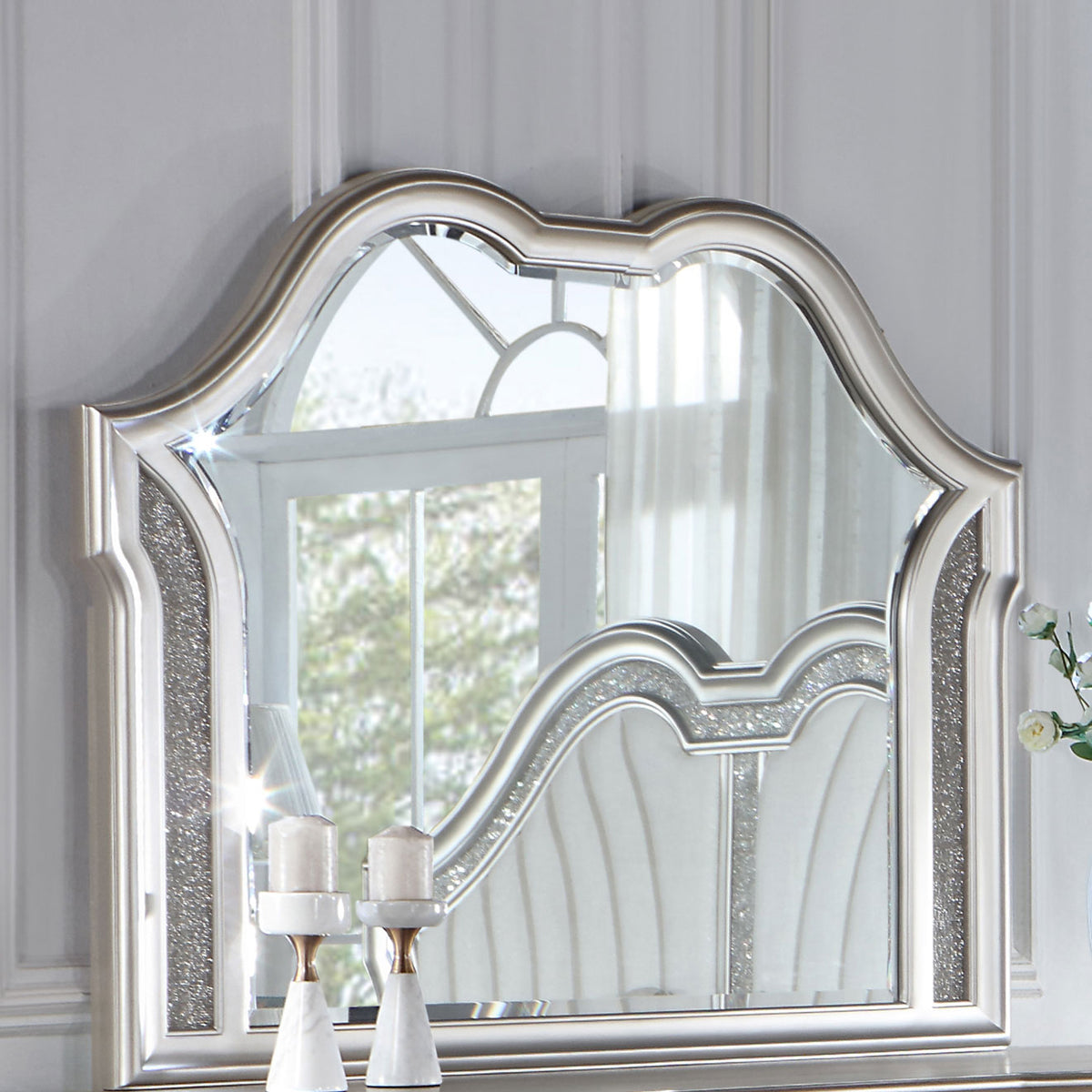 Evangeline LED Dresser Mirror Silver Oak