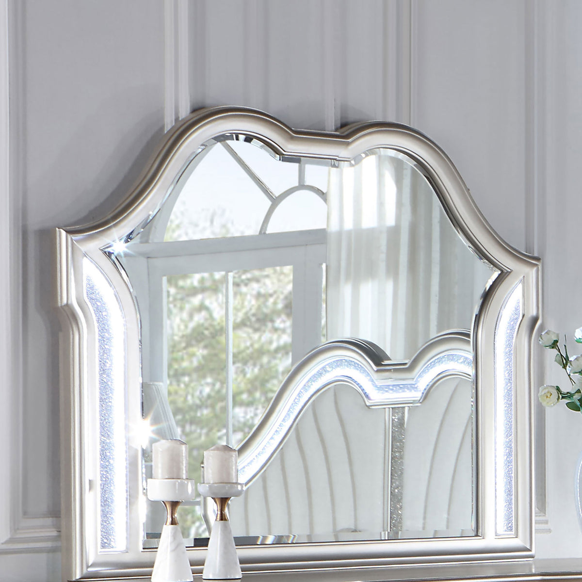 Evangeline LED Dresser Mirror Silver Oak