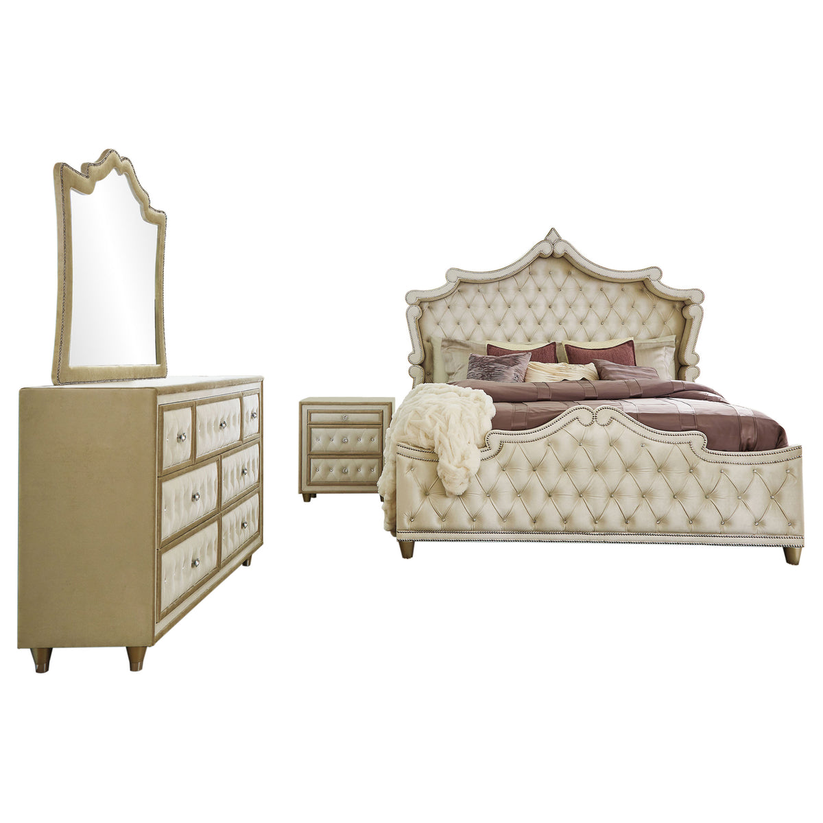Antonella 4-piece Eastern King Upholstered Bedroom Set Ivory and Camel