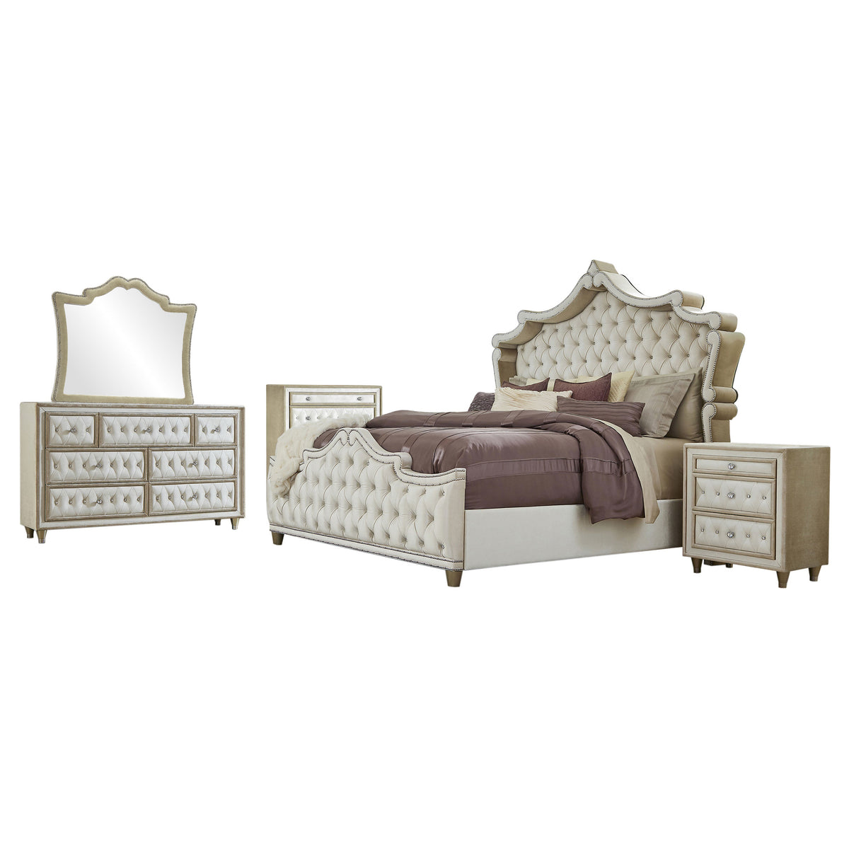 Antonella 5-piece California King Upholstered Bedroom Set Ivory and Camel