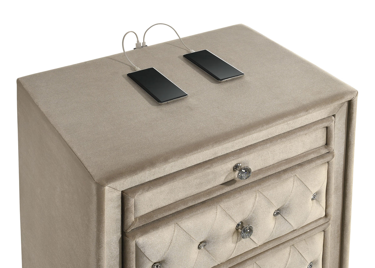 Antonella Upholstered 3-drawer Nightstand with USB Ports Ivory and Camel