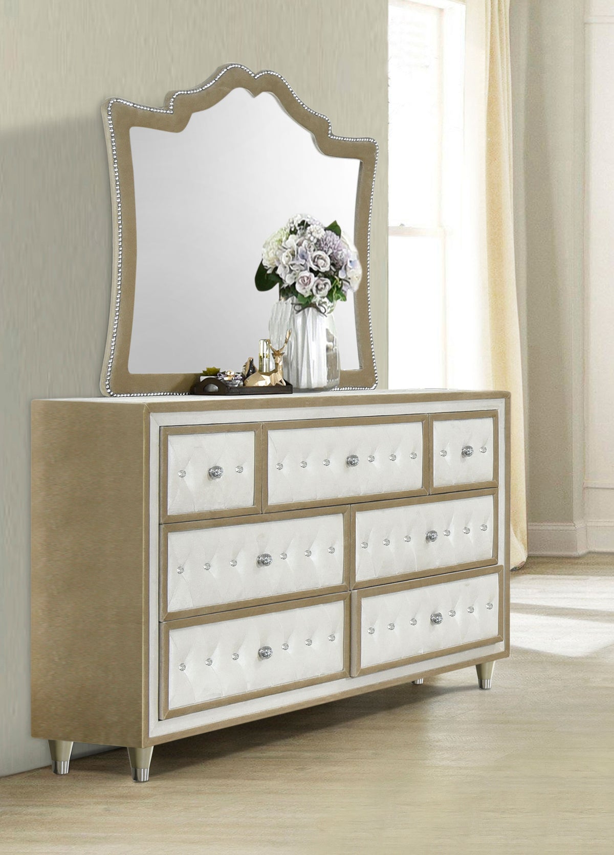Antonella Upholstered 7-drawer Dresser with Mirror Ivory and Camel