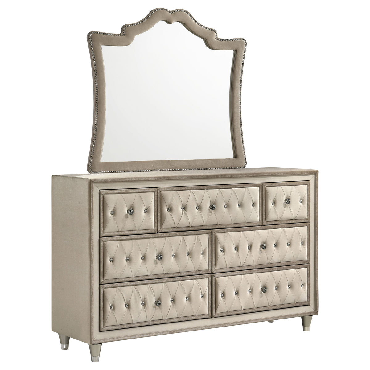 Antonella Upholstered 7-drawer Dresser with Mirror Ivory and Camel