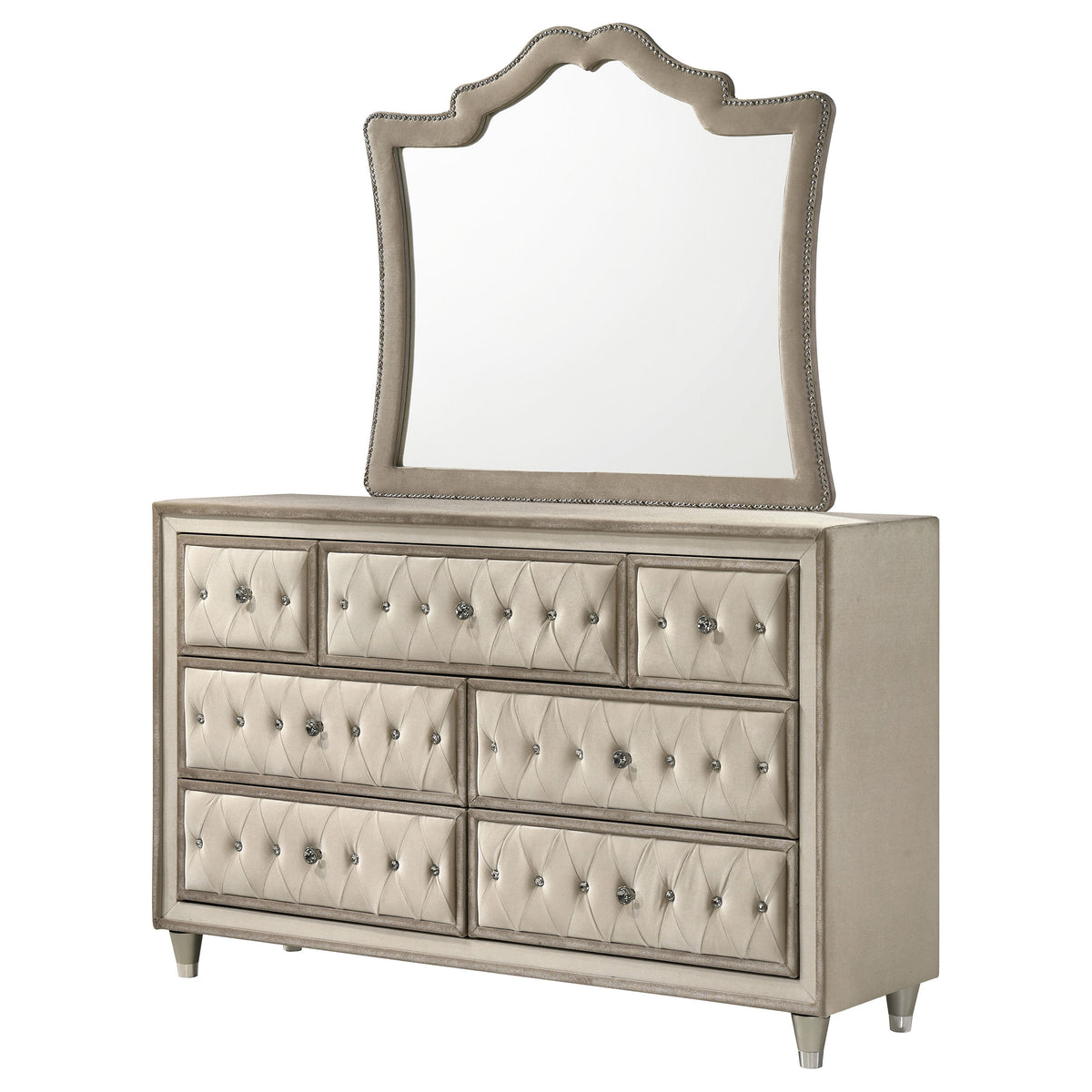 Antonella Upholstered 7-drawer Dresser with Mirror Ivory and Camel