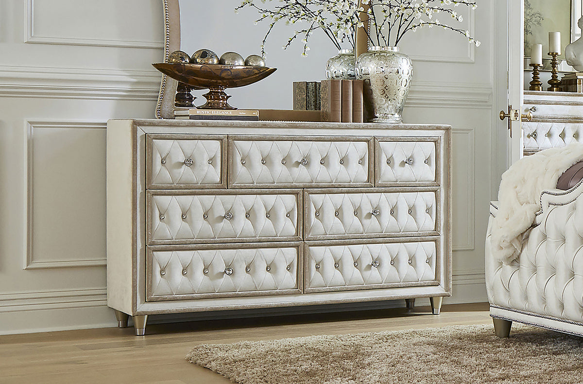Antonella Upholstered 7-drawer Dresser Ivory and Camel