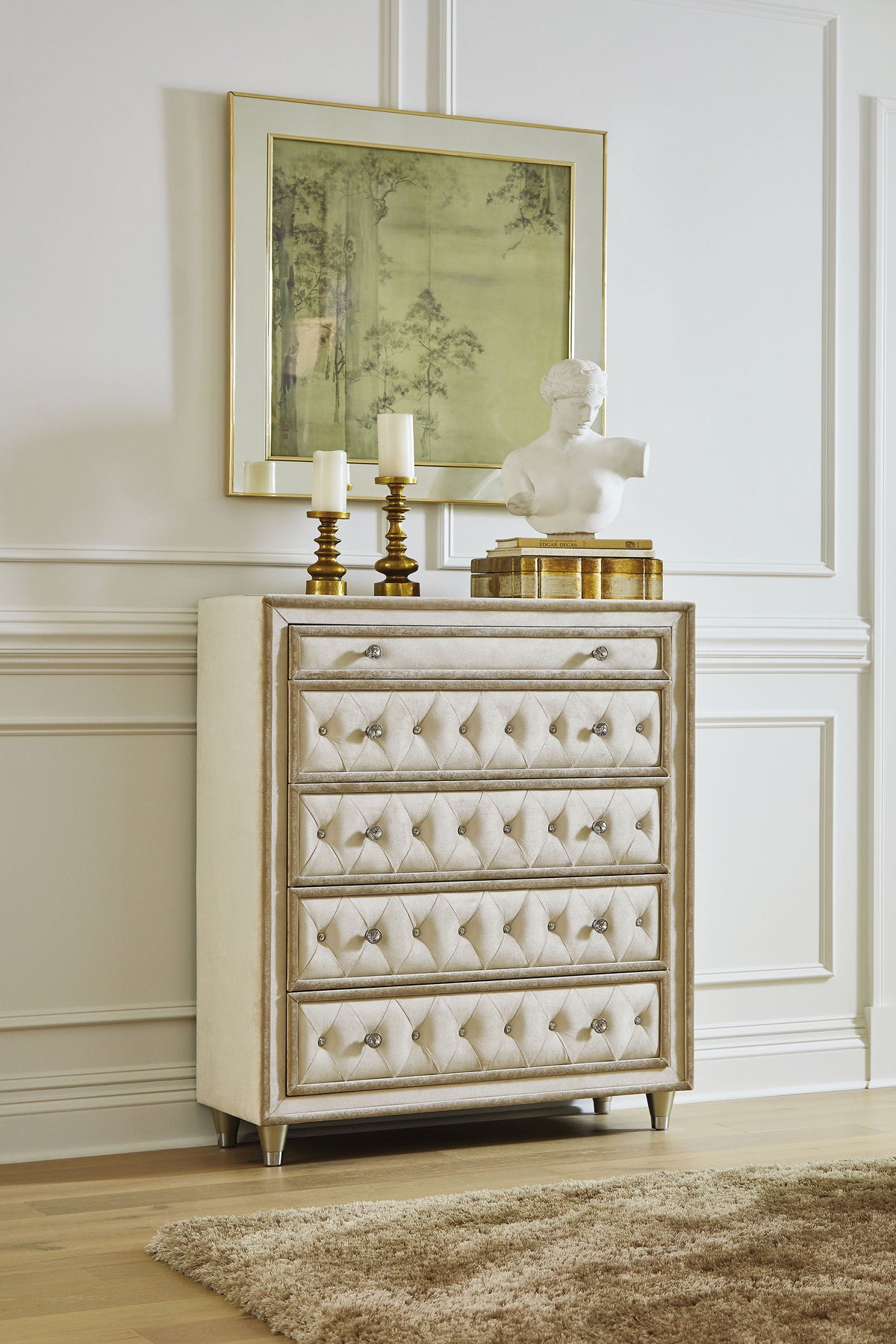 Antonella Upholstered 5-drawer Bedroom Chest Ivory and Camel