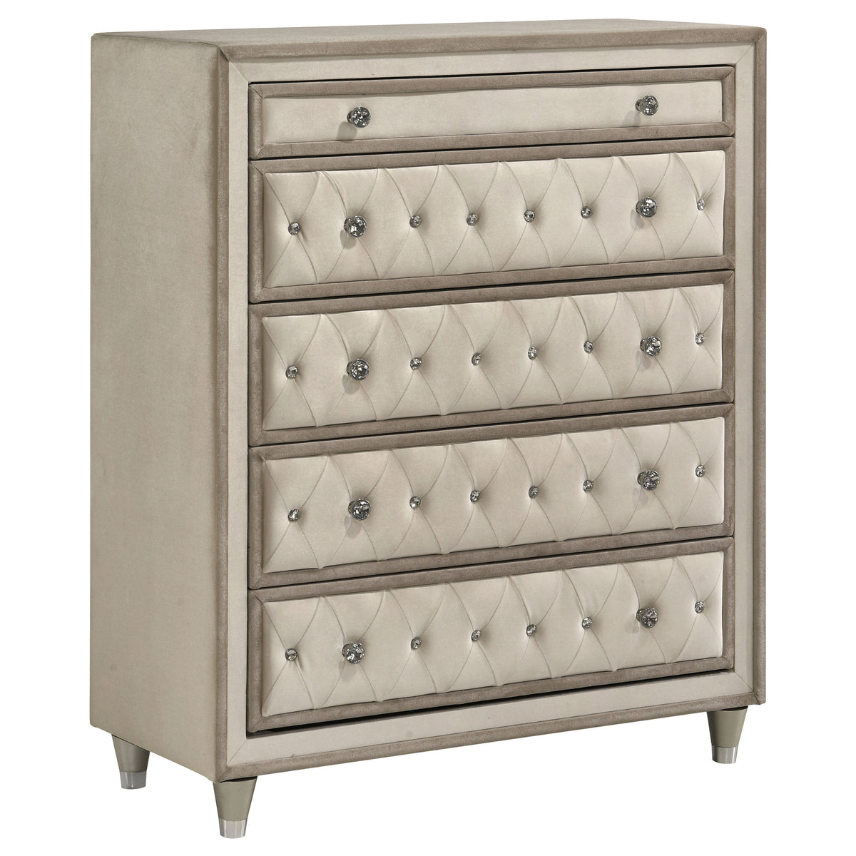 Antonella Upholstered 5-drawer Bedroom Chest Ivory and Camel