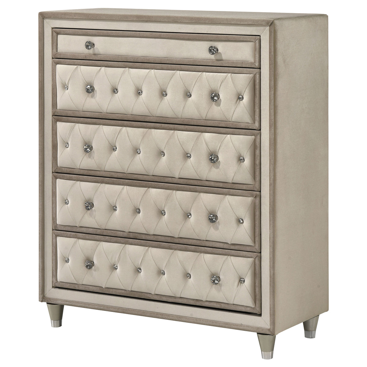 Antonella Upholstered 5-drawer Bedroom Chest Ivory and Camel