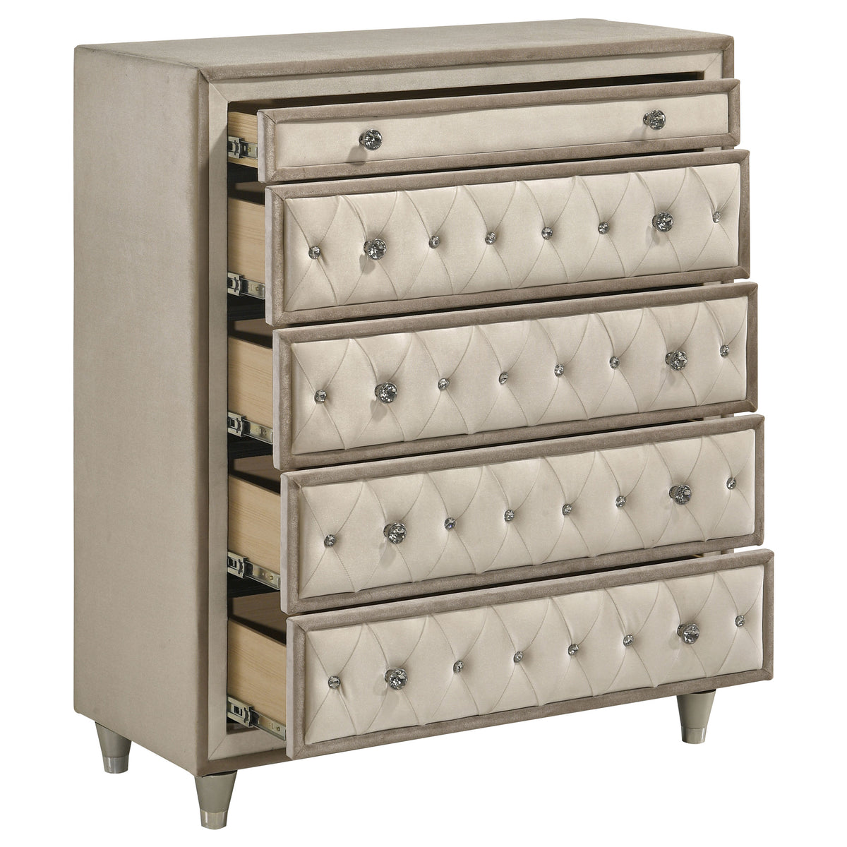 Antonella Upholstered 5-drawer Bedroom Chest Ivory and Camel
