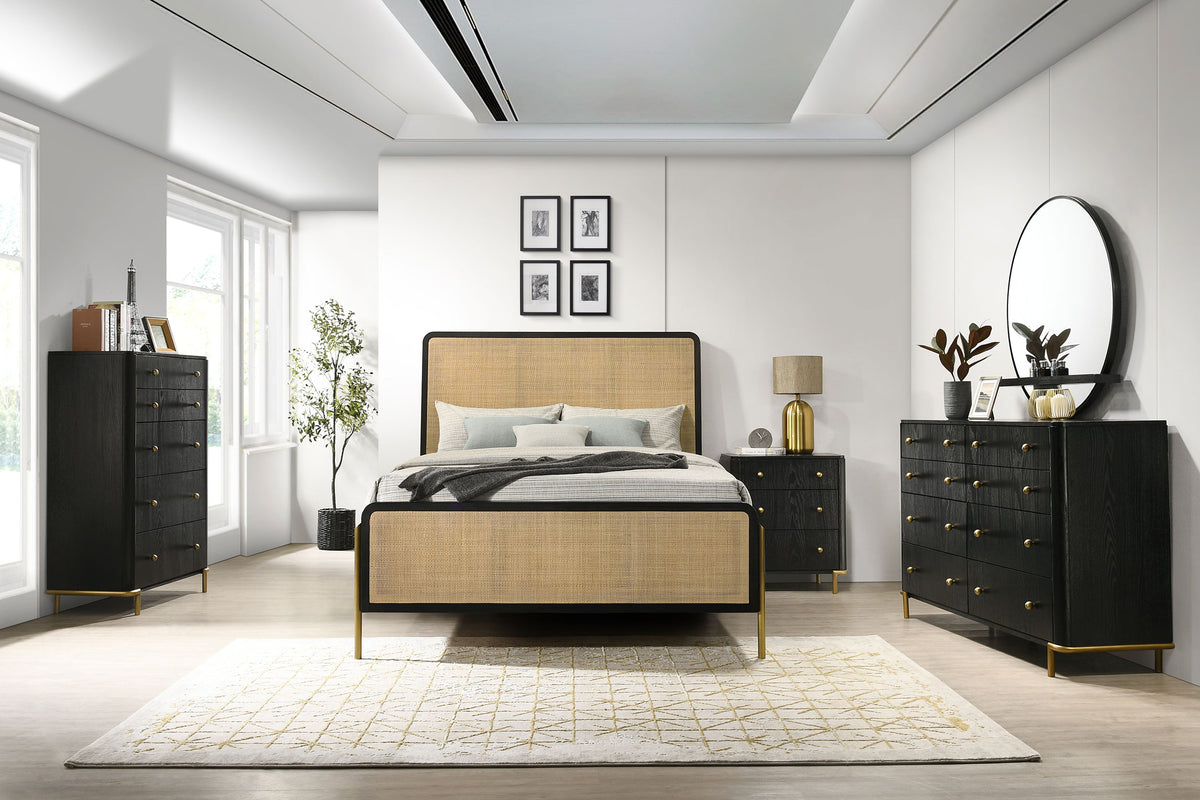 Arini Woven Cane Panel Bed Queen Black and Natural