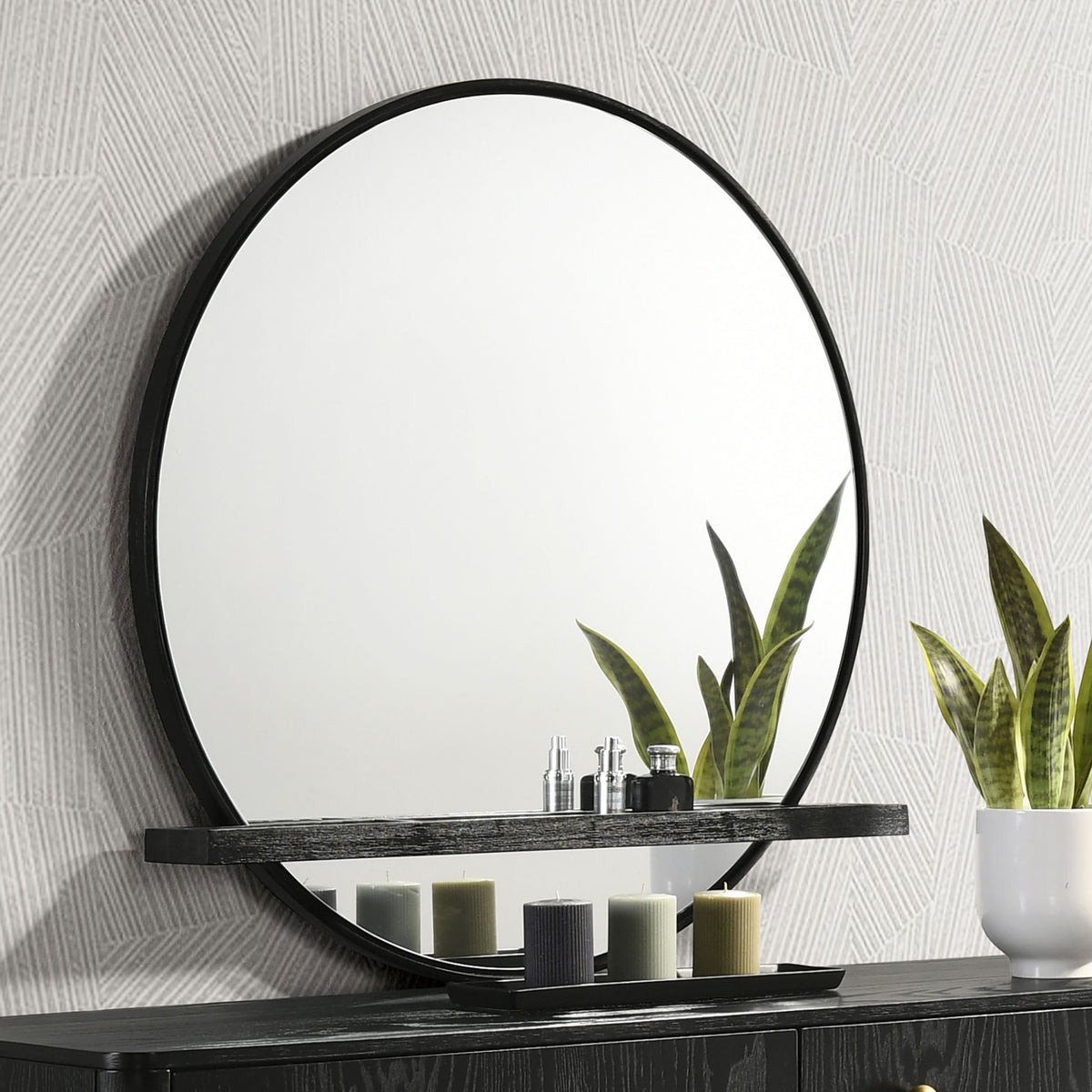 Arini Round Dresser Mirror with Tray Black