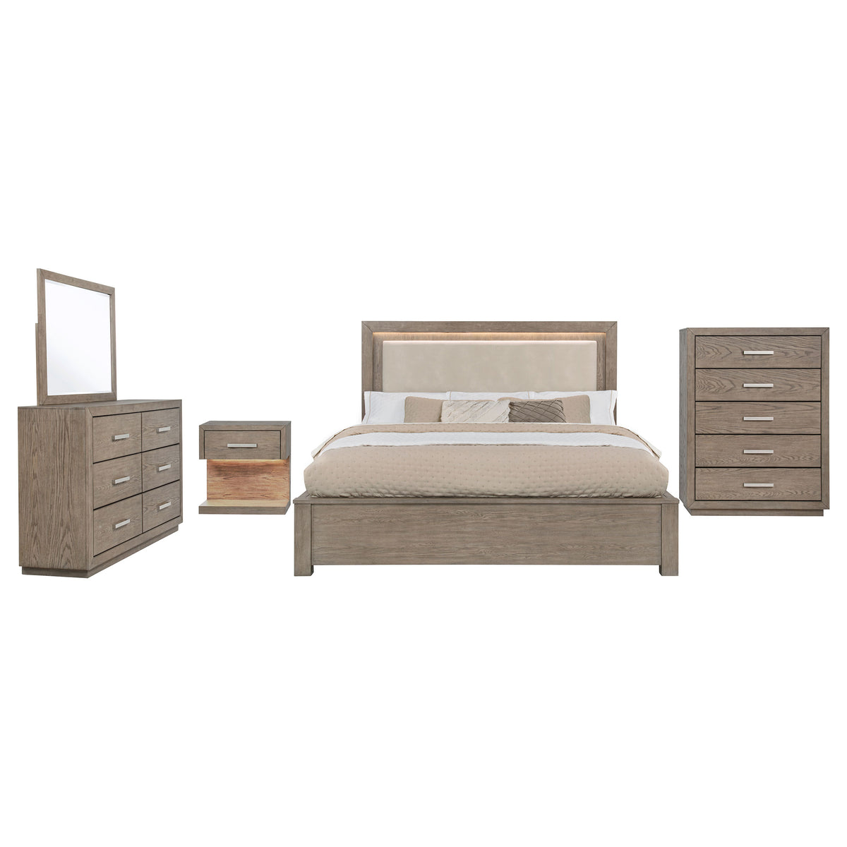Kenora 5-piece Eastern King LED Storage Bedroom Set Barley Brown